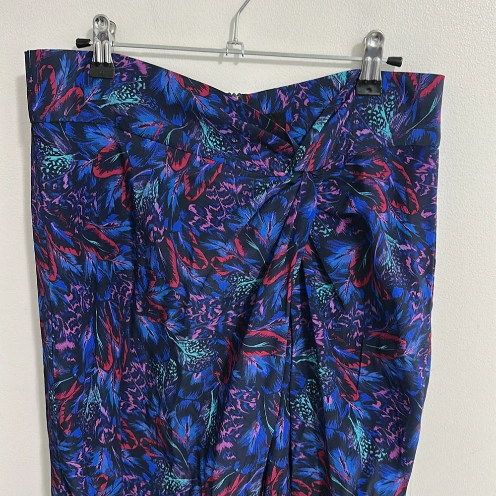 The Kooples Silk Blue Feather Print Midi Skirt with Twist Womens EU 3 US 8